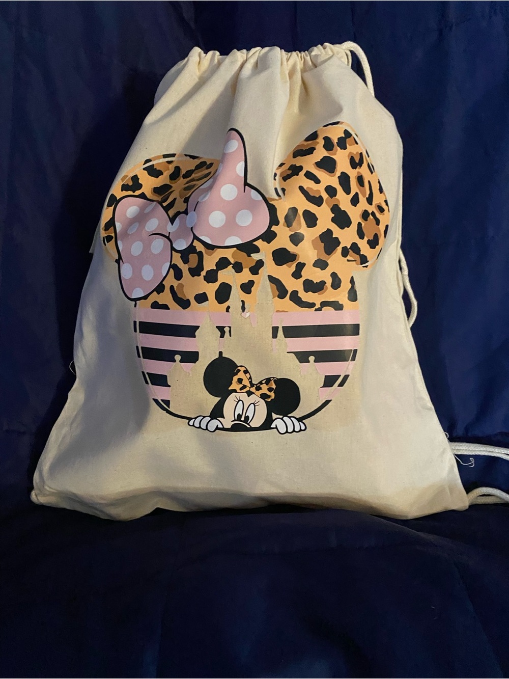 Drawstring Backpack with Leopard Minnie Mouse Design - Cream & Pink